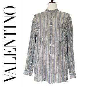 Valentino Chemises Linen Shirt Round Neck Striped Gray Sz 16